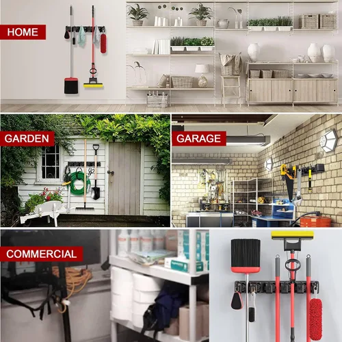 Miniatura 7 de LETMY Soporte de pared para escoba, soporte para fregona y escoba, estante de almacenamiento de garaje y organizador de herramientas de jardín, 5