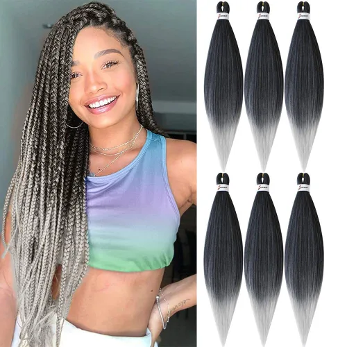Miniatura 28 de Cabello para trenzar preestirado plateado, 20 pulgadas, 6 paquetes de extensiones de cabello trenzado Ombre preestiradas para mujeres, fibra