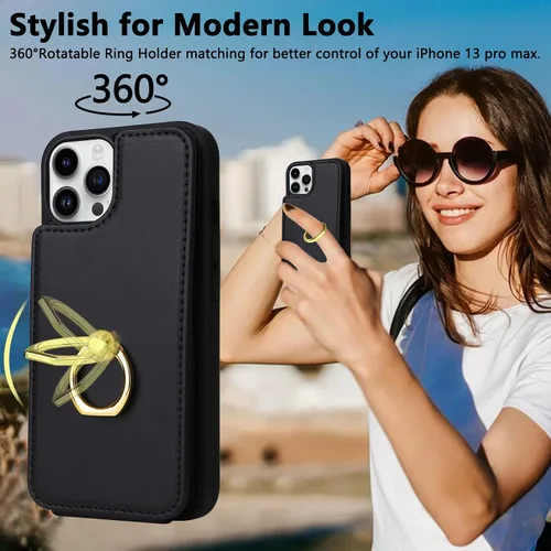 Miniatura 3 de Funda compatible con iPhone 13 Pro Max con tarjetero y rotación de 360°, soporte de anillo de dedo con función atril, bloqueo RFID, piel sintética