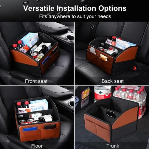 Miniatura 6 de Organizador de cuero para asiento de automóvil, caja de almacenamiento plegable para asiento delantero, asientos traseros y piso, divisor extraíble