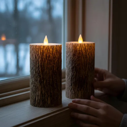 Miniatura 7 de Velas de pilar sin llama de cera de corteza marrón con temporizador remoto, velas LED de llama móvil 3D de hasta 400 horas con 2 pilas AA, juego