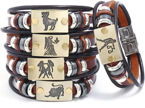 Miniatura 2 de Pulsera de cuero con 12 constelaciones, de acero inoxidable, estilo retro, para mujeres, hombres, pareja