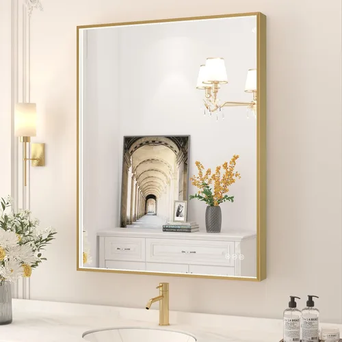 Miniatura 39 de Espejo de baño LED de 24x32 pulgadas con luces, espejo LED con marco de metal negro para baño, 3 colores y luz regulable sin escalones montada