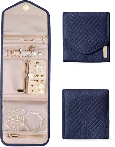 BAGSMART Estuche organizador de joyas de viaje plegable para anillos, collares, aretes, pulseras, mini, azul ahumado