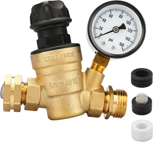 Miniatura 8 de RVMATE - Regulador de presión de agua para RV, kit de reductor de presión de agua de latón sin plomo, válvula ajustable con filtro de entrada