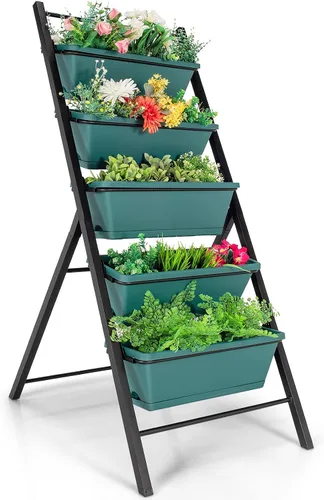 Miniatura 11 de Giantex Maceta vertical elevada, camas de jardín elevadas con orificio de drenaje de agua, cajas independientes de 5 contenedores para cultivo