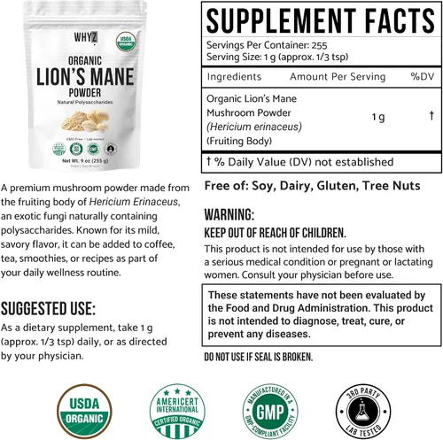 Miniatura 2 de Polvo orgánico de hongo de melena de león en polvo para cuerpo fructífero, superalimento liofilizado, polisacáridos naturales sin sabor