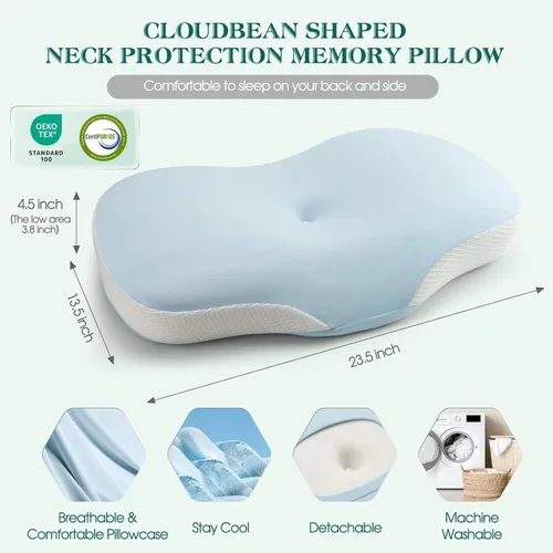 Miniatura 4 de Almohada cervical para soporte de cuello y hombros, almohadas ergonómicas de contorno de espuma viscoelástica con doble altura ajustable y funda Azul