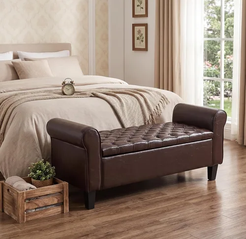 Miniatura 13 de ECOTOUGE Banco otomano de almacenamiento de 55 pulgadas para sala de estar, banco de pie de cama con brazo enrollado, otomano de cuero con Blanco