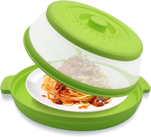 Miniatura 8 de Cubierta de alimentos para microondas con asa – Protector de salpicaduras de silicona plegable y ventilado con bandeja – Para microondas