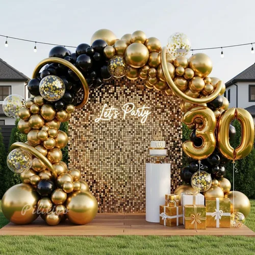 Miniatura 4 de Kit de arco de globos negros y dorados, 114 piezas de oro negro con confeti y globos largos para decoraciones de graduación 2026, cumpleaños