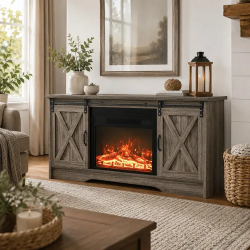 Miniatura 9 de 4 EVER WINNER - Centro de entretenimiento con chimenea para TV de 65 pulgadas, puerta corrediza de granero, soporte de TV de estilo rústico con Gris