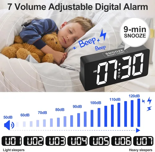 Miniatura 4 de PPLEE Reloj Despertador para Dormitorio con Luz Nocturna y Dígitos Grandes - Reloj Digital de 7 pulgadas con Alarmas Duales y Puertos de Cargador