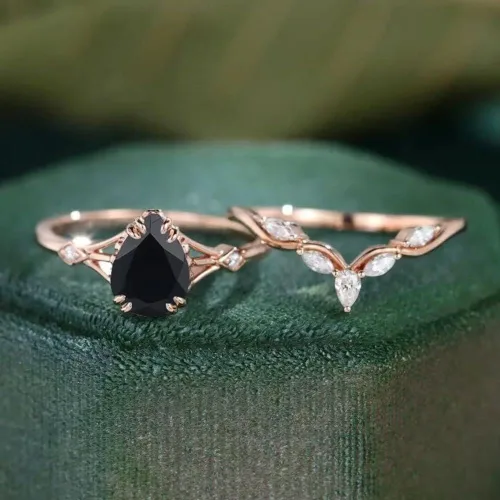 Miniatura 3 de Ssjewel 2 Ct Pear Cut Diamond Black Onyx Unique Nature Inspire Floral Bridal Engagement Ring For Women 14K Rose Gold Plated Stacking Band Sterling