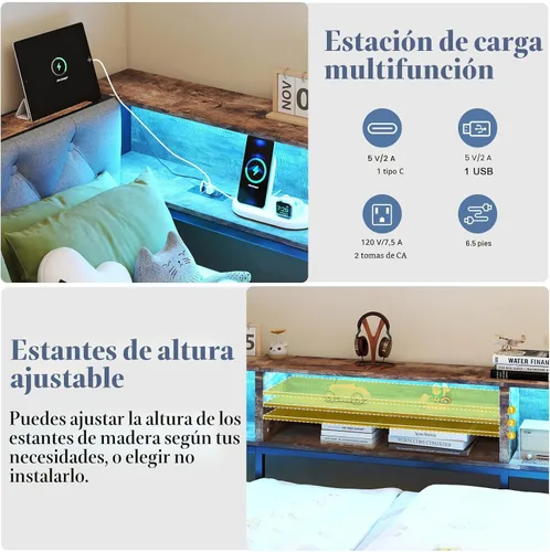 Miniatura 6 de Doltoro Marco de Cama de Esquina Individual con Estantería de Almacenamiento y Luces LED, Cama Diván Tamaño Individual con 2 Cajones de Gris