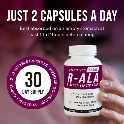 Miniatura 5 de NERVE RENEW R-ALA estabilizado R ácido alfa lipoico 600 mg suplemento de apoyo nervioso paquete de 3