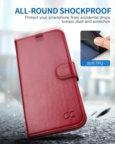 Miniatura 6 de OCASE Funda tipo cartera compatible con iPhone 13, funda tipo folio con tapa de piel sintética, con tarjetero, bloqueo RFID, soporte
