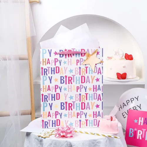 Miniatura 3 de LeZakaa Bolsa de regalo de cumpleaños de 13 pulgadas, bolsa de regalo mediana rosa con papel de seda, etiqueta de regalo y tarjeta, letras de feliz