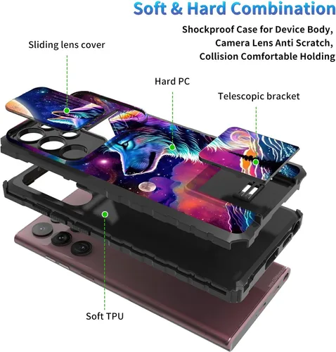 Miniatura 692 de Funda para Samsung Galaxy S22 Ultra 5G, Galaxy S22 Ultra con cubierta de cámara deslizante, funda resistente de doble capa con función atril Black