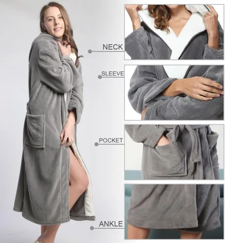 Miniatura 4 de Bata de baño tipo kimono largo con capucha para mujer, diseño de espiga, cómodo camisón cálido de longitud completa