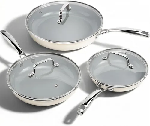 Miniatura 8 de Kikcoin - Juego de sartenes de cerámica antiadherentes - 3 tamaños, sartenes para tortilla para una cocina saludable, 8+9.5+11 pulgadas, con asa