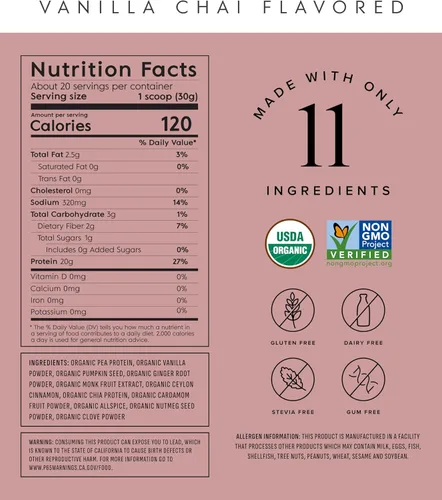 Miniatura 2 de Truvani Proteína en Polvo Vegana de Guisante Vainilla Chai 20g de Proteína Orgánica a Base de Plantas 20 Porciones Keto Sin Gluten