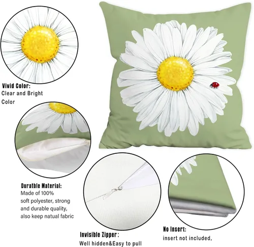 Miniatura 4 de Hexagram Juego de 4 fundas de almohada de primavera y verano de 16 x 16 pulgadas, diseño de margaritas florales para exteriores, funda de cojín azul
