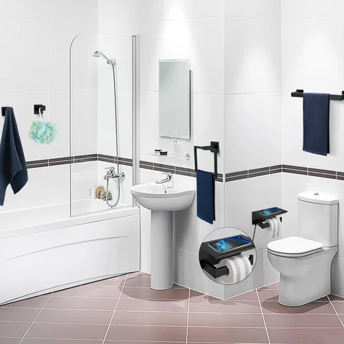 Miniatura 2 de Juego de 5 piezas de accesorios de ferretería para baño en negro mate, juego de toalleros cuadrados de 16 pulgadas para baño, juego de barras
