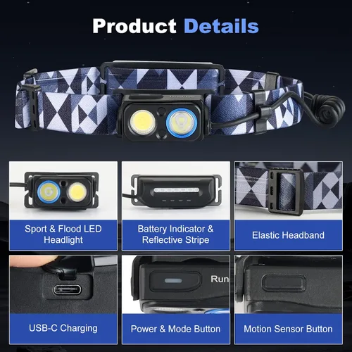 Miniatura 7 de Linterna frontal LED recargable, 1000 lm con sensor de movimiento, foco e reflector, inclinación de 90°, batería reflectante, IPX4 impermeable