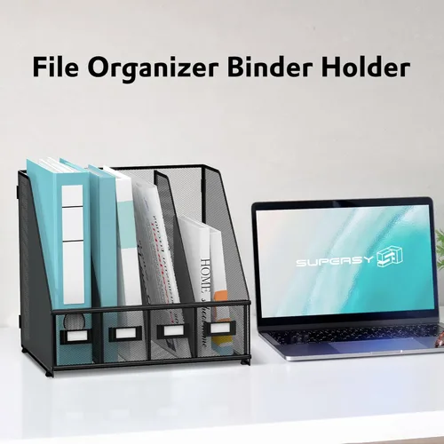 Miniatura 2 de SUPEASY Soporte para archivador de revista, organizador de escritorio de metal con 4 compartimentos para estante, organizador de archivos para Negro