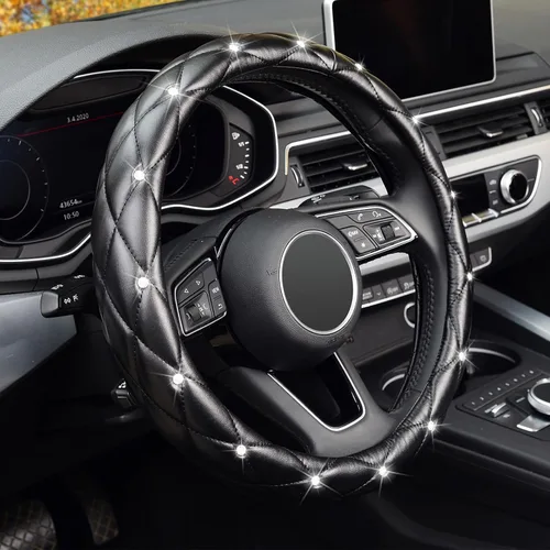 KAFEEK Funda de Volante de Cuero Suave con Diamantes con Cristales Brillantes de Imitación, Universal de 15 Pulgadas Antideslizante, Accesorios Negro