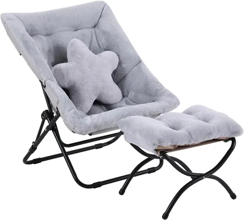 Miniatura 15 de Welnow Cómoda silla platillo con otomana, silla de lectura plegable de gran tamaño para adultos con almohada, silla de salón de piel sintética suave