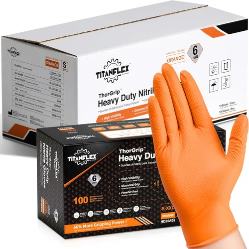 Miniatura 13 de TitanFlex Heavy Duty Orange Industrial Nitrile Gloves with Raised Diamond Texture, Latex Free (6mil/8mil)