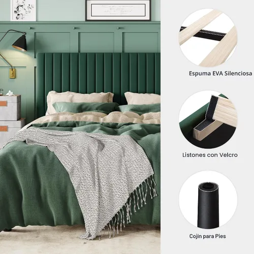 Miniatura 5 de Allewie - Base de cama tamaño Queen con cabecera acolchada tapizada en terciopelo y diseño acanalado vertical ajustable; plataforma de cama con base