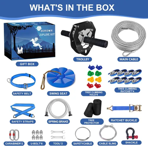 Miniatura 7 de Kit de tirolesa de 160 pies para niños y adultos, hasta 360 libras - Carrito extraíble actualizado, asiento reforzado, arnés de seguridad, tensado
