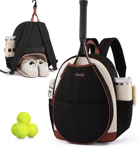 Miniatura 15 de Sucipi Bolsas de tenis para mujeres, Mochila bolsa acolchada para raqueta de tenis para raqueta de tenis, palas de pickleball, bádminton Negro