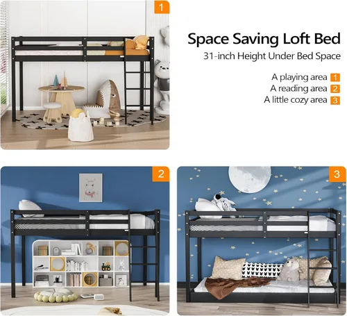 Miniatura 7 de VINGLI - Cama tipo loft baja de 47'' para junior con escaleras, cama de madera tamaño individual para adultos, niños y adolescentes jóvenes, sin