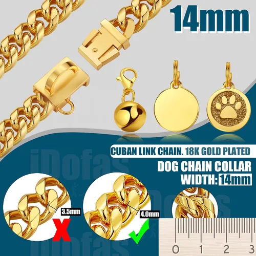 Miniatura 3 de Collar de cadena para perro, collar de perro de eslabones cubanos de oro de 0.551 in con hebilla a presión, collares de acero inoxidable chapado