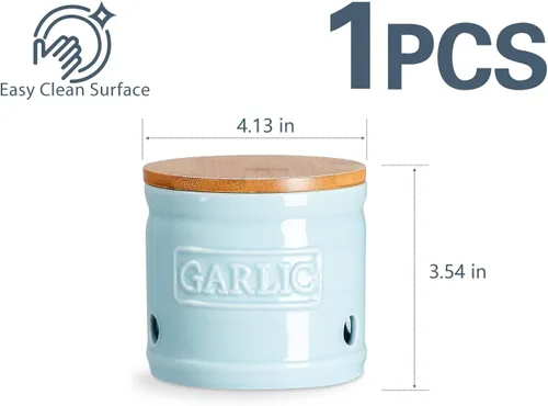Miniatura 6 de ONEMORE Soporte de ajo con tapa, recipiente de ajo de cerámica de 4 pulgadas, azul claro
