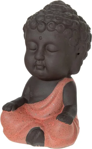 Miniatura 7 de FENGSHUI-CAISHEN Estatua de Little Buddha, figura de Buda bebé, arcilla hecha a mano para meditar decoración de escritorio zen para interiores Rojo