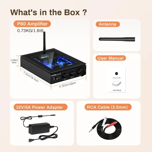 Miniatura 8 de Amplificador estéreo inalámbrico P60 para altavoces pasivos, 300 W x 2 TPA3255 2 canales Mini clase D amplificador de audio para el hogar con PFFB