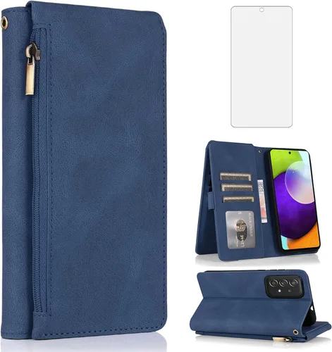 Asuwish Compatible con Samsung Galaxy A53 5G - Funda tipo cartera de vidrio templado, protector de pantalla de cuero con cremallera, soporte para