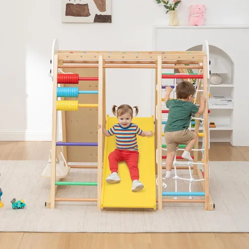 Miniatura 11 de KEIKI 9-in-1 Foldable Wooden Kids Climbing Frame with Slide Swing Monkey Bars Rock Wall Abacus, Indoor Outdoor Playground Set, Montessori Play Gym