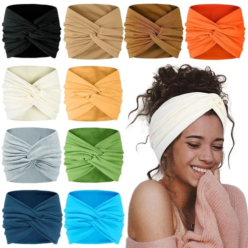 Miniatura 9 de AKTVSHOW Diademas de 7 pulgadas de ancho para mujer, paquete de 10 diademas grandes estilo turbante bohemio a la moda, bandas para el cabello