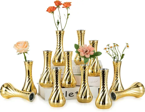 NUPTIO Jarrón de cristal dorado: 12 jarrones de flores pequeños para centro de mesa de fiesta de boda, jarrón acanalado vintage para decoración de