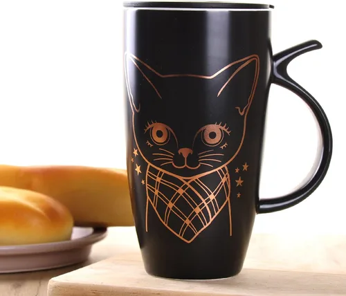 Miniatura 3 de WHJY Taza de café de cerámica grande de 20 onzas con tapa a prueba de salpicaduras, asa en forma de cola de gato, vaso de taza de gato de animales
