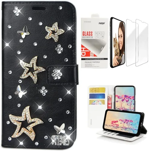 Bling - Funda de piel tipo cartera para Samsung Galaxy S21 Ultra (2 unidades), diseño de mariposa de estrella hecha a mano en 3D, color negro