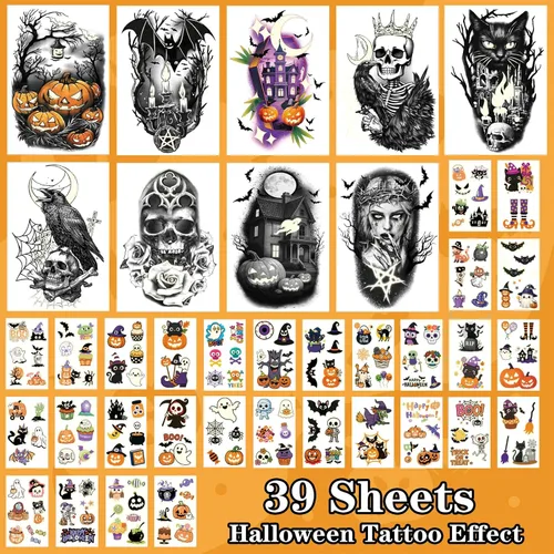 Miniatura 4 de 39 hojas de tatuajes temporales que brillan en Halloween para mujeres y hombres, esqueleto de la muerte, cráneo negro, sombreros negros, escobas