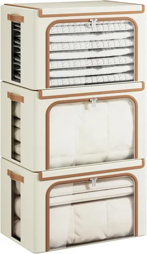 Miniatura 9 de Yecaye Cajas de Almacenamiento de Ropa con Marco de Metal, Caja de Almacenamiento de Ropa Plegable con Tapa, Caja Organizadora Apilable de Tela