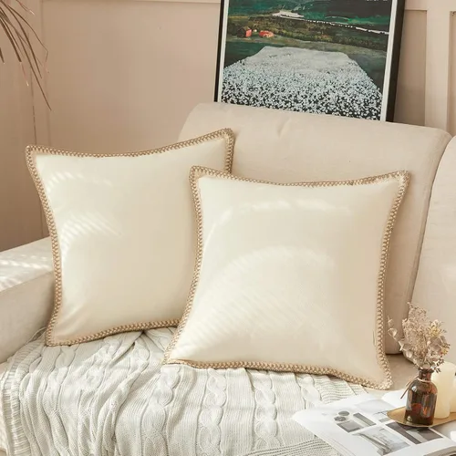 FY FIBER HOUSE Paquete de 2 fundas de almohada decorativas de granja, lino sintético de arpillera con bordes a medida, fundas de cojín para sofá,